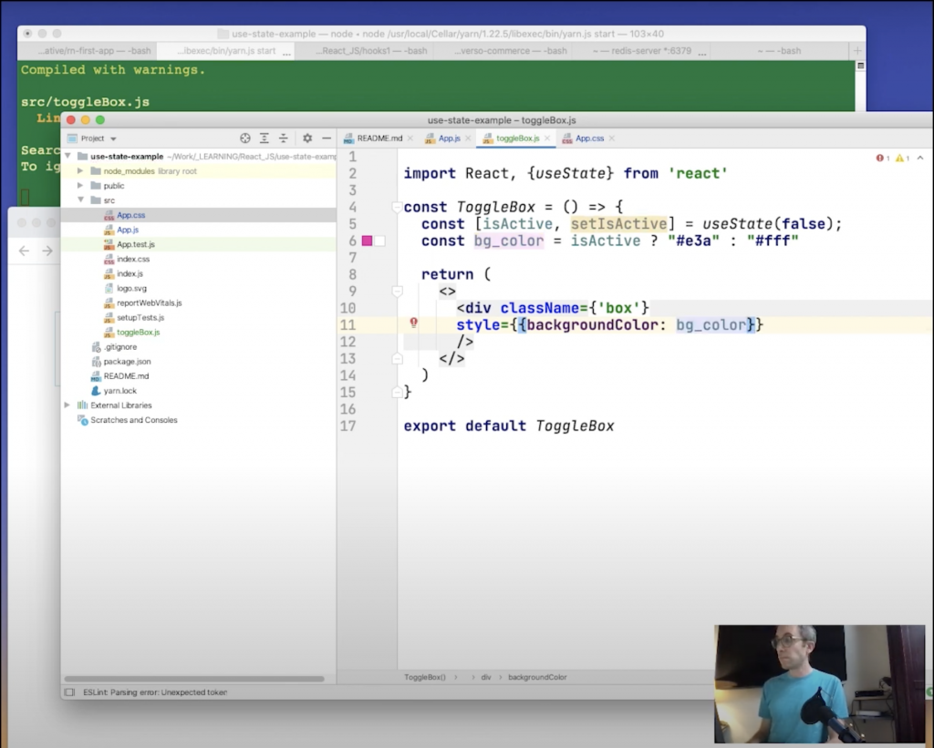 ToggleBox implementation with useState Jason Fleetwood-Boldt codes React JS