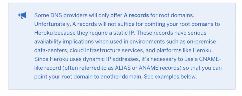 Heroku - some DNS providers will only offer A records for root domains