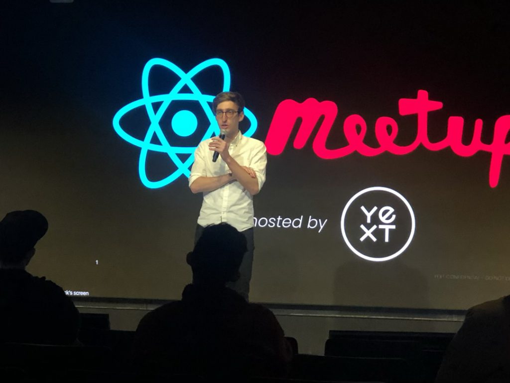 Ilya Usorov introducing the React Native meetup 2021-12-01 Yext Building